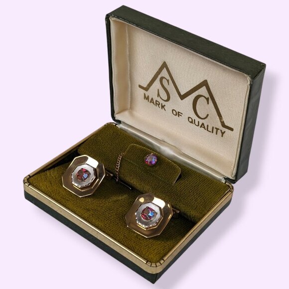 Vintage Red Glass Cufflink & Tie Pin Set - Picture 3 of 8